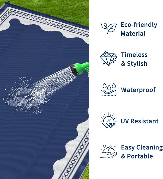 Garvee Outdoor Rug 5x8 Scalloped Waterproof Patio RV Outdoor Rugs Reversible Foldable Plastic Straw Rug Modern Camping Carpet for Deck Camper Porch Balcony Backyard Picnic Beach Dark Blue