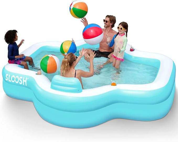 SLOOSH Inflatable Pool for Family with Seats, 120" x 101" x 26" Full-Sized Blow Up Durable Thickened Above Ground Pool with Backrest Cup Holders,Swimming Pools for Backyard Summer Water Lawn, Cyan