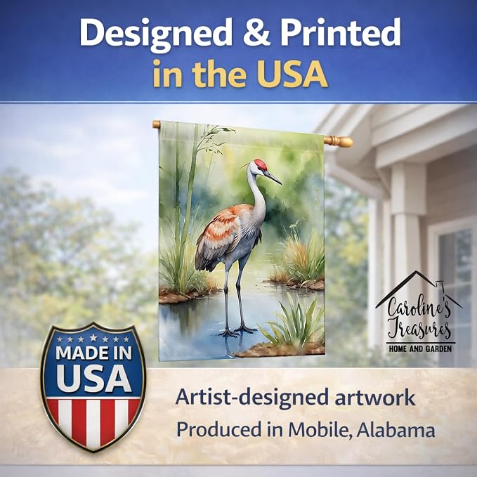 Caroline's Treasures Sandhill Crane House Flag Large Porch Sleeve Pole Decorative Outside Yard Banner Artwork Wall Hanging, Polyester, House Size, Multicolor