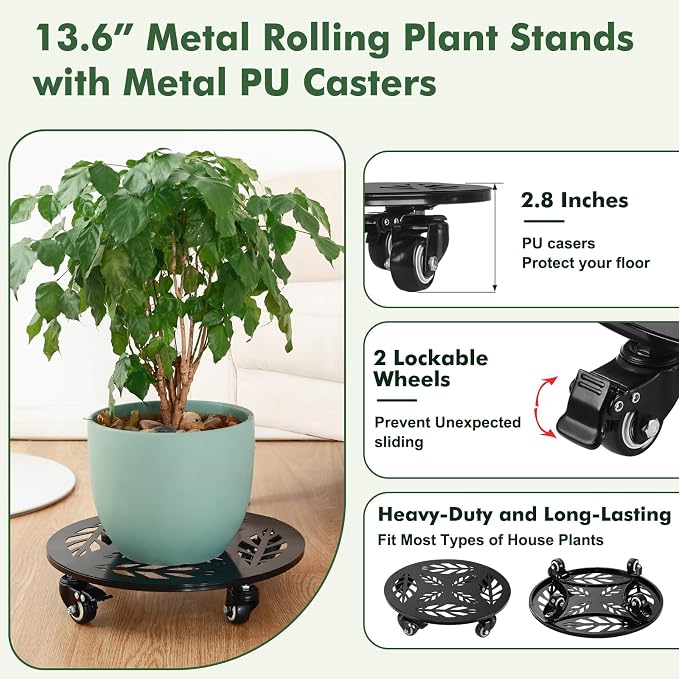 Planterhoma 2 Packs 12 Inch Rolling Plant Stand with Wheels Metal Plant Caddy with Wheels Heavy Duty Plant Rollers with Metal Wheels Round Wrought Iron Plant Stand with Clear Saucers, Glossy Black