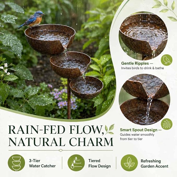 Rain Catcher Bird Bath Tiered - Bring Life Back to Your Garden (Modern) | Self Filling Bird Bath Stake for Hummingbird Butterfly & Bee, Lawn Yard Outdoor Decor, Metal Water Bowl, Watering Station