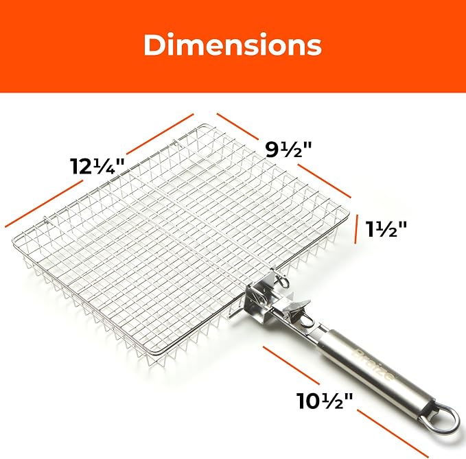 Stainless Steel Large Grill Basket with Easy Open/Close Lid and Removable Handle - 12.25 x 9.5 x 1.5 Inches - Includes Carry/Storage Bag