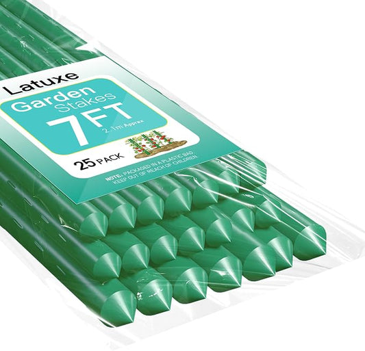 Garden Stakes 7FT, 25pcs Plastic Coated Steel Stakes Specifically Designed for Climbing Plants, Ideal for Tomatoes, Beans, Cucumbers, Peppers, Vines, and More Plant Growth