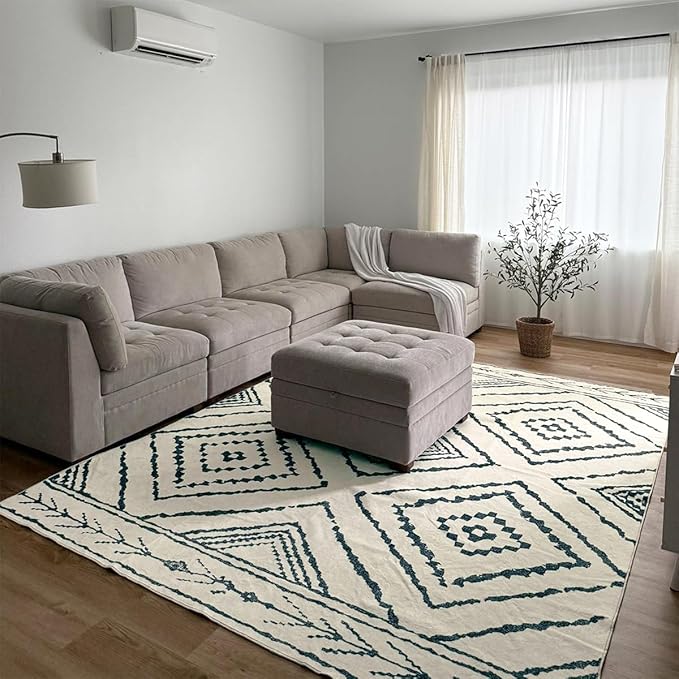 5'x7' Washable Area Rug for Living Room Bedroom White Black | Soft Western No Slip Low Pile Print Foldable Indoor for Kitchen Dining Room