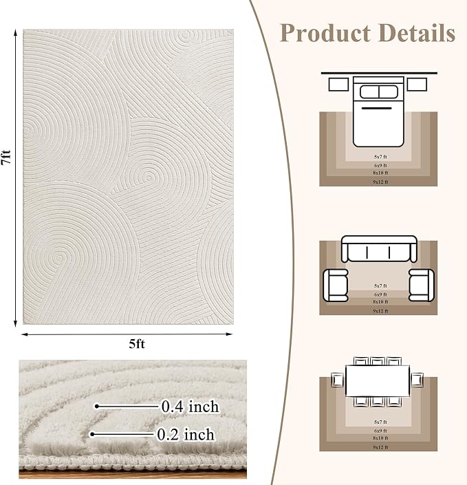 U'Artlines 5x7ft Washable Area Rug for Living Room, Beige | Minimalist Modern, Non Slip, Soft Cozy Fluffy, High-Low Pile Rug for Bedroom, Carpet for Dining Area, Kids Nursery Room