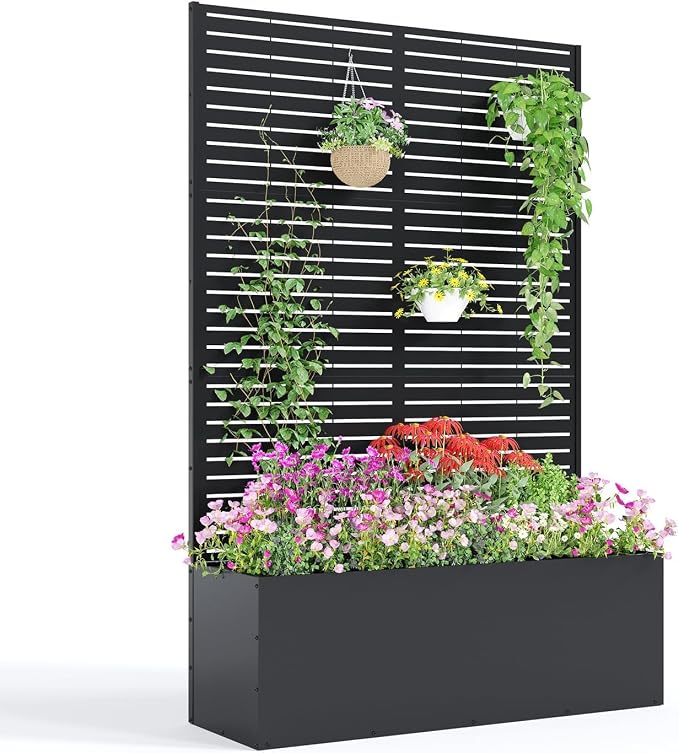 GarveeLife Metal Planter Box with Trellis, 71"x47"x16" Raised Garden Bed for Climbing Plants, Vegetables, Vines, Privacy Planters for Patio with Drainage Holes, 15.7" Deep Planting Bed