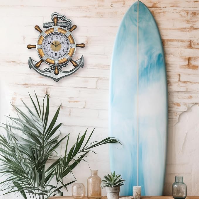 Anchor Clock- Nautical Ship Wheel Rudder Outdoor Wall Clock - Beach Sea Style Decorative Clock for Patio, Bathroom (Retro Silver+Bronze)