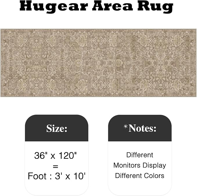 3x10 Light Brown Vintage Floral Washable Runner Rug for Hallway | Low Pile, Non Slip, Retro Style, Soft Distressed Indoor Rug for Entrance, Kitchen, Bedroom, Laundry Room, Home Decor