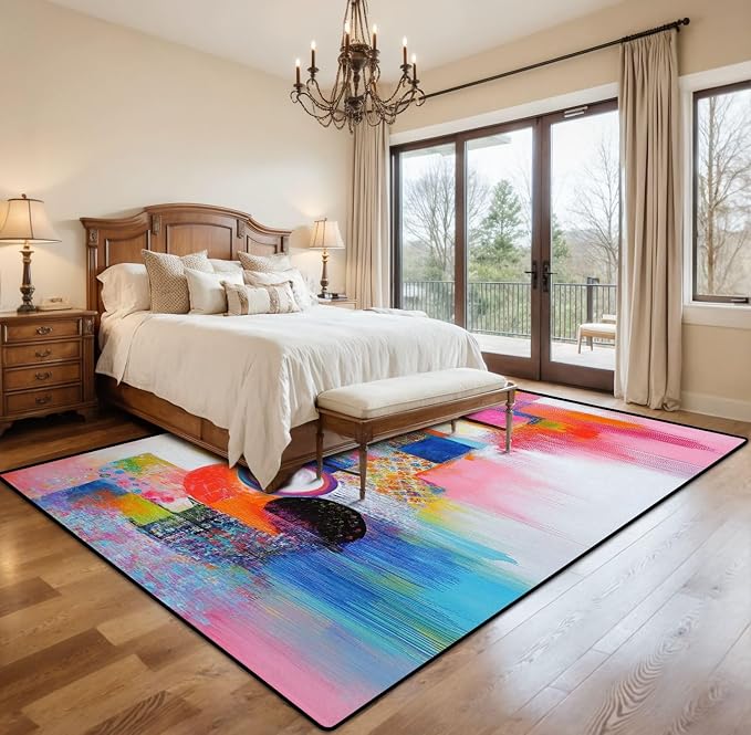 9x12 Area Rugs for Living Room Abstract Orange Pink Colorful Yellow Blue Red Texture Bold Strokes Washable Large Area Rug for Bedroom Non Slip Outdoor Carpets Soft Mats Kitchen Home Office Decor
