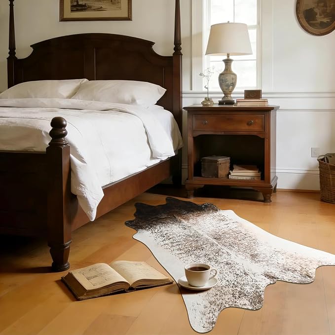 2x3 Small Cowhide Rug, Washable Faux Brown and White Hide Runner Rugs for Entryway, Classic Texas Animal Print Accent Carpet for Fireplace Bedside, Synthetic Decor