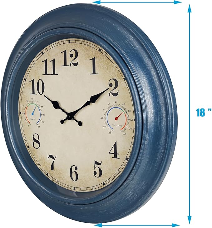 18 Inch Large Outdoor Clock with Thermometer & Hygrometer, Waterproof Coastal Indoor Outside Wall Clock for Patio, Pool, Garden, Backyard, Farmhouse Decor, Retro Blue