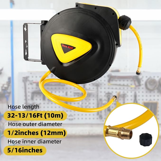 8MILELAKE Retractable Auto Rewind Air Hose Reel Wall Mount Tool Air Compressor 33ft x5/16inches 180 degree rotation Air Hose Reel