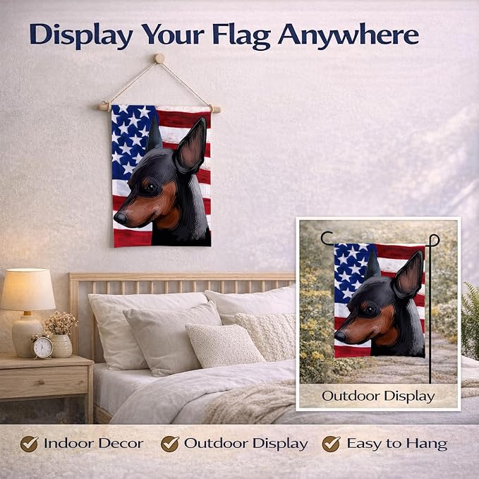 Caroline's Treasures CK6618GF Miniature Pinscher Dog American Flag Garden Flag Mailbox Flag Decorative Yard Flag Banner Outside Patio Artwork Yard Flower Beds, Garden Size, Multicolor