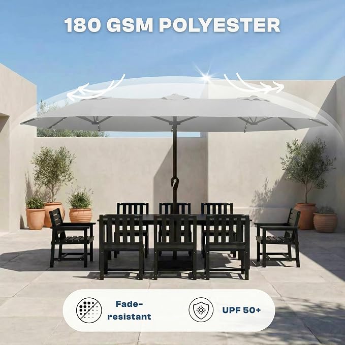 15FT Large Patio Umbrella with Base Included, Double Sided Outdoor Market Umbrella with Flexible Fiberglass Ribs, UV-Blocking Extra Large Umbrella for Garden, Pool, Deck, Light Gray