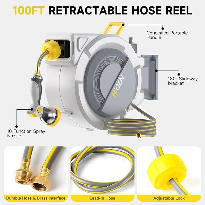 Retractable Garden Hose Reel, 1/2 in x 100 ft Heavy Duty Wall Mounted Water Hose Reel for Outside, UV Resistant Shell, Any Length Lock, Slow Rewind System, 180° Swivel Bracket, 10 Pattern Metal Nozzle