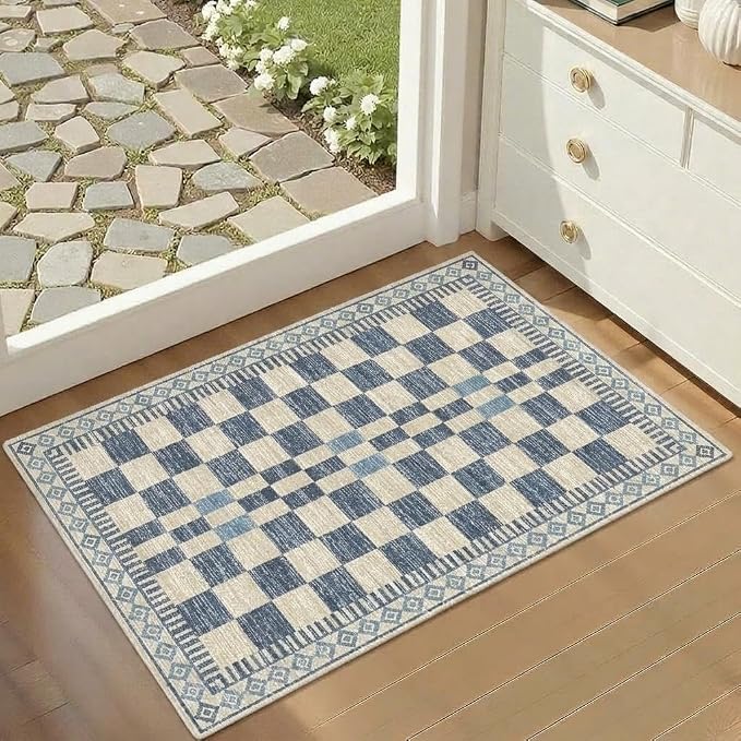 GarveeHome 2x3 Small Rug for Kitchen Modern Checkered Area Rug for Bathroom | Contemporary Blue Abstract Carpets Machine Washable Non-Slip Low Pile Doormat Soft Premium Area Rug for Hallway Bedroom