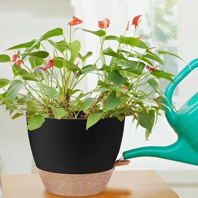 YNNICO 12 inch Large Self Watering Plant Pots, Flower Pots Planters with Multi Mesh Drainage Holes for Indoor Outdoor Garden Plants and Flowers.（Black）