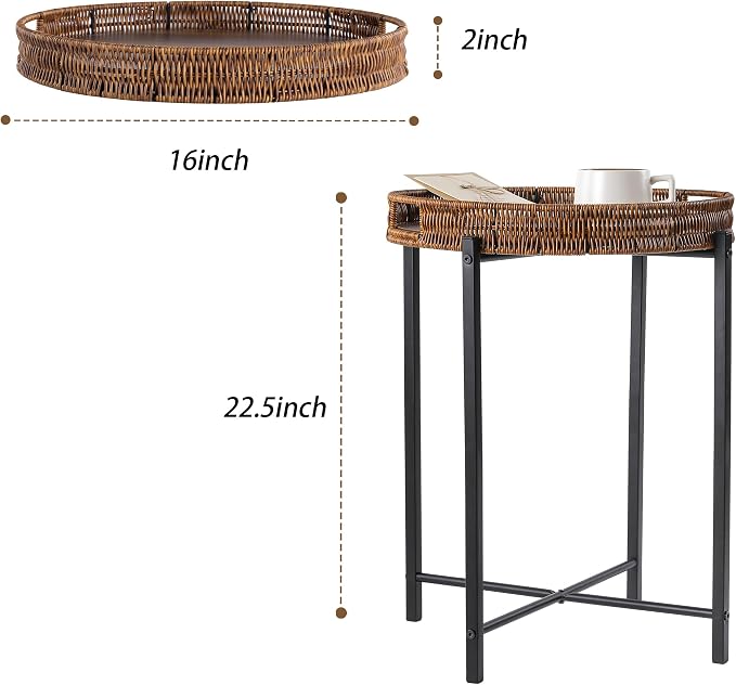 16.5in Round Rattan Side Table with Wooden Top, Small Wicker End Table, Indoor/Outdoor Use