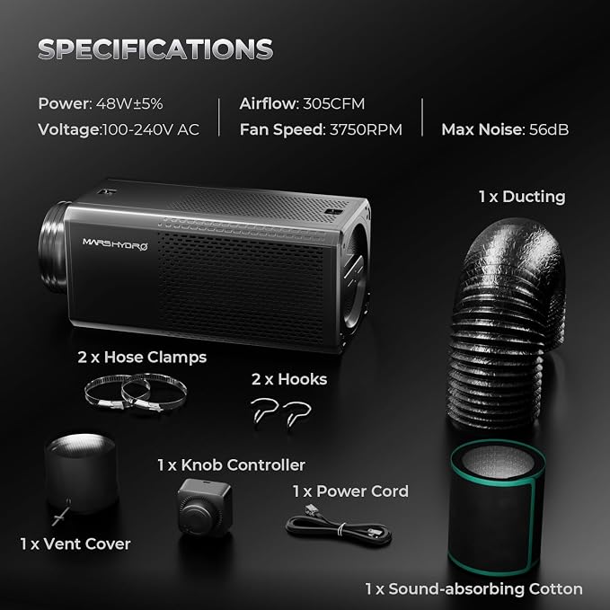 MARS HYDRO 2 in 1 Inline Fan with Carbon Filter，6" Grow Tent Ventilation System Kit, Exhaust Duch Fan with EC Motor Speed Controller，Air Filtration Kit for Hydroponics, Greenhouse, and Indoor Garden