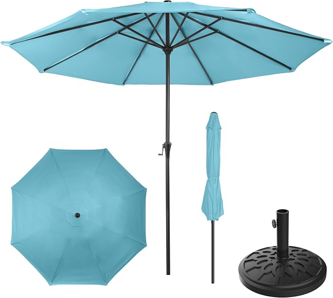 Pure Garden 9FT Round Patio Umbrella with 19lb Weighted Base - Easy Crank, Vented Canopy Outdoor Umbrella for Shade - For Deck, Balcony, Porch, Backyard, or Pool (Lake Blue)