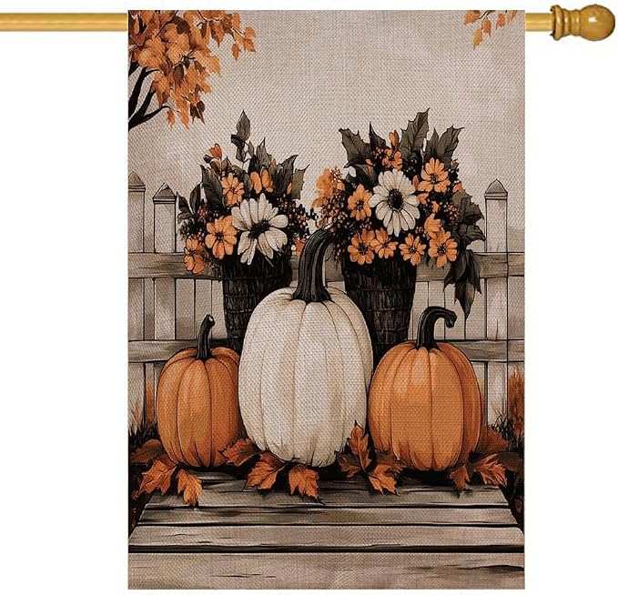 EMMTEEY Sunflower Garden Flag Fall Pumpkins 28X40 Double-Sided, Seasonal Yard Flags White Orange Large Burlap Garden Flags for Outside Front/Back Door