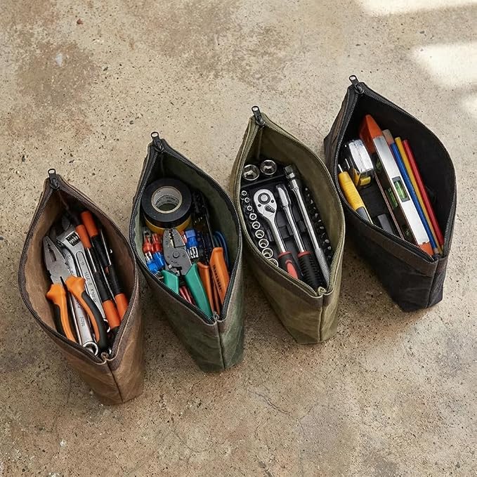 Waxed Canvas Tool Pouches 4 Pack – 11-Inch Heavy-Duty Zipper Tool Bags Set, Waterproof Utility Storage Pouches for Tools, Cables, Gear & Supplies – Rugged Tool Organizer Bags | Heavy Duty Zipper, Waterproof, Utility Organizer, Rugged Storage
