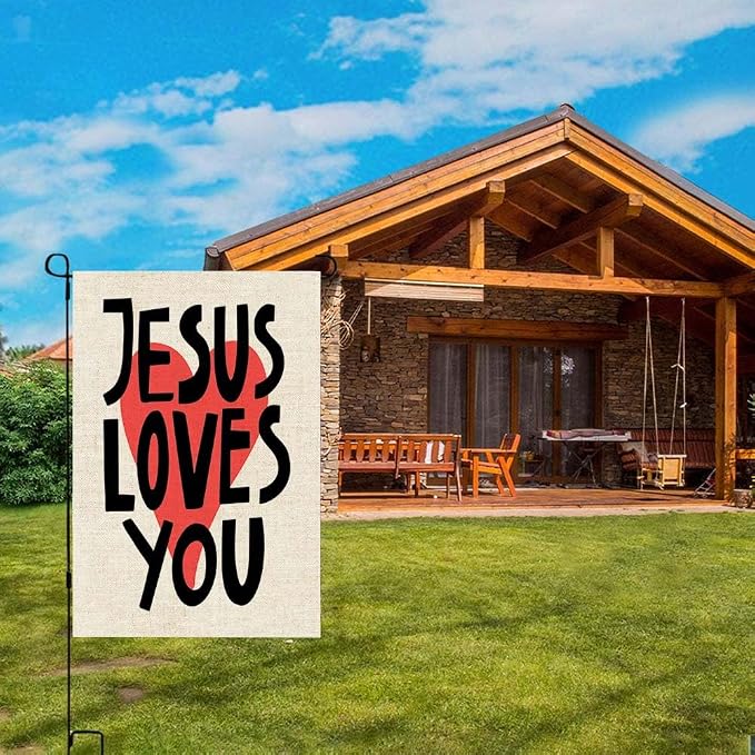EMMTEEY Double Sided Easter Garden Flag 12.5X18 Inch Yard Outdoor Decor Garden Flag Jesus Loves You Lettering Design Housewarming Modern Red Heart White Garden Flag