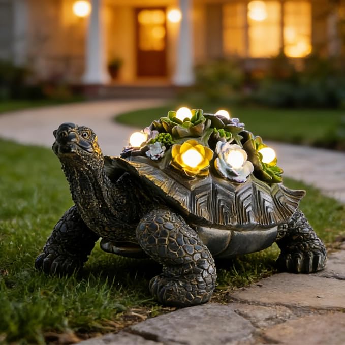 Solar Powered Succulent Turtle Statue, Resin Garden Decor with LED Lights, Waterproof Outdoor Ornament for Patio, Yard, Lawn, Porch, Unique Housewarming Gifts