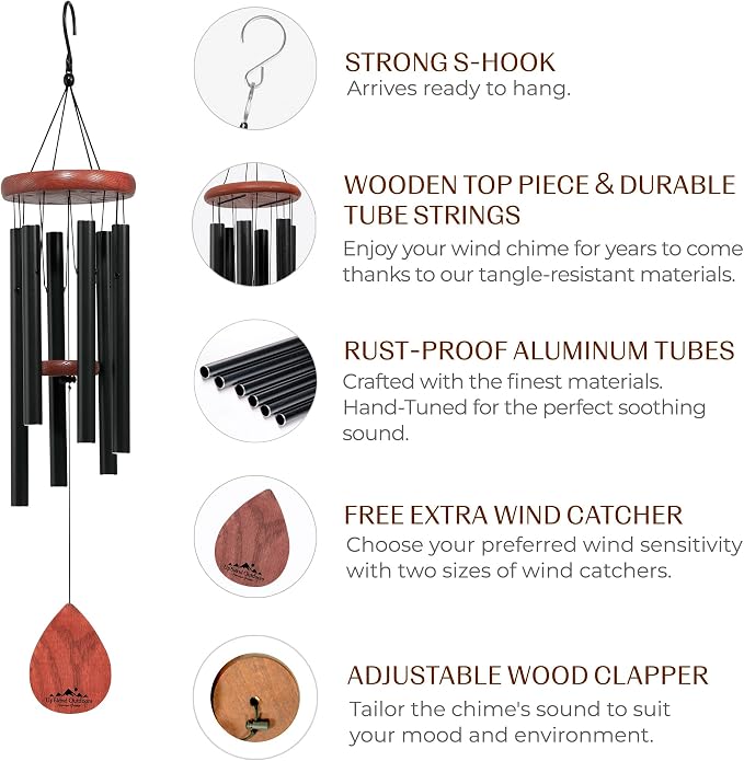 Black Wind Chimes for Outside Clear Tone, 28 Inch Havasu Hand Tuned E Major Wind Chime, Adjustable Clapper, Aluminum Tubes and Ash Wood, Patio Balcony Garden Decor, Memorial Sympathy Gift