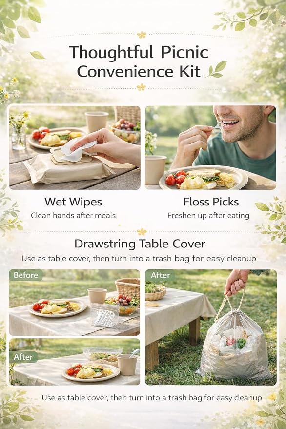 70PCS Disposable Picnic Kit for 10 – Lightweight Outdoor Dinnerware Set with Plates, Plastic Cutlery, Wet Wipes & Drawstring Table Cover, Portable Picnic Supplies for Park, Beach & Camping (10)