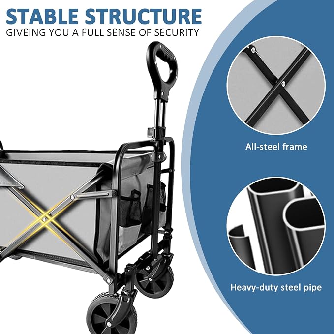 Collapsible Utility Cart Folding Wagon, 320lbs Capacity Lightweight Rolling Cart with Quiet Wheels, Quick-Fold Design for Camping, Shopping, Ourdoor Use, Gray