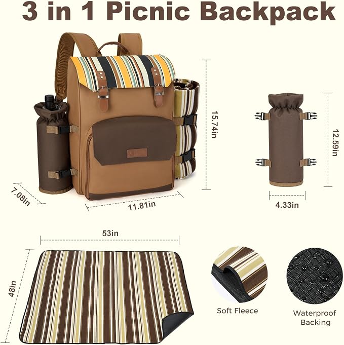 Picnic Backpack, 2-Person Set with Blanket and Wine Holder, Gray(Caramel Brown)