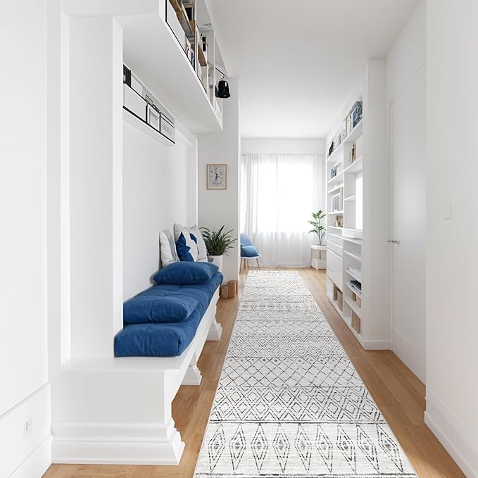 2'6"x12' Hallway Runner Rug: Moroccan Washable Bedroom Rugs Geometric Grey | Soft Non Slip Long Floor Mat Low Pile Farmhouse Carpet with Rubber Backing for Front Door Entryway