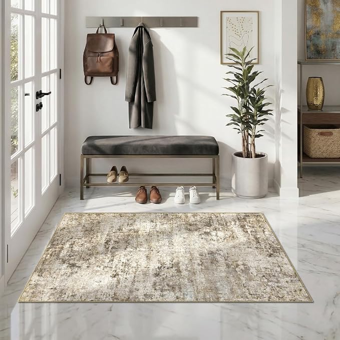 Abstract Area Rug 3x5 Ft Washable Rugs for Entryway Indoor | Brown Non Slip Kitchen Rug Printed Faux Wool Throw Rugs, Neutral Modern Indoor Mat for Entrance Bedroom Office Home Decor