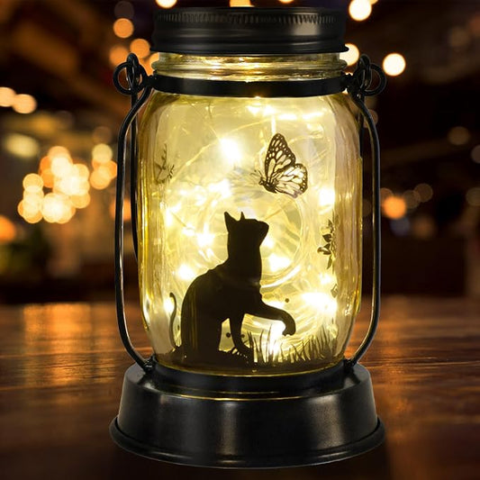 kyoryuger Cat Gifts Cat Lover Gifts for Women/Mom/Grandma/Sister, Birthday Gift, Cats Butterfly Solar Lights Outdoor Hanging Cat Solar Lanterns Outdoor Torche Lights, Decor for Yard Lawn Garden Patio