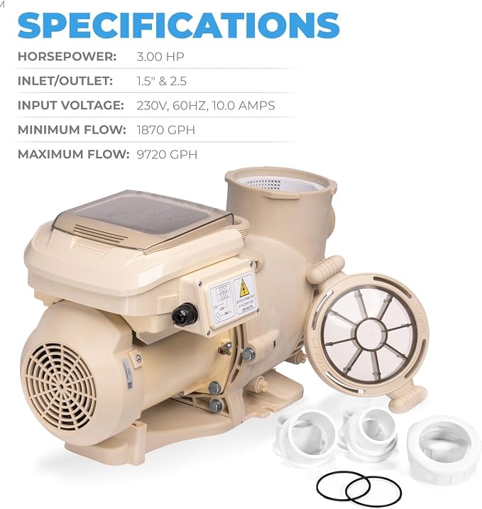 XtremepowerUS SuperFlow Variable Speed High-Flo Pool Pump In-Ground Swimming Pool Energy Efficient 230V, 1-1/2” & 2” Adapter Build-in Timer Control Panel (3.0, Horsepower)