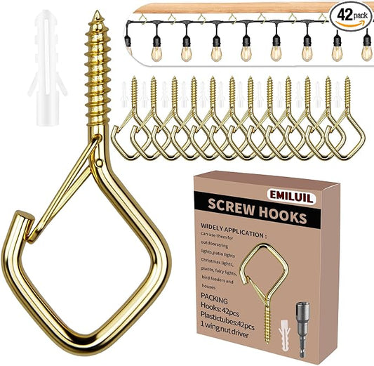 42 PCS Metal Gold Eye Screw Hooks for Hanging Heavy Duty.Windproof Ceiling Hooks for Hanging Plants,Cup,Wind Chime,Bird Feeders,Christmas String Lights at Indoor&Outdoor 2.2 Inch