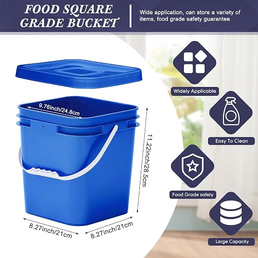 Mumufy 3 Pcs 3.5 Gallon Square Food Grade Bucket with Lid Square Bucket Pail Plastic Handles for Long Term Food Storage, Camping, Fishing, Home Organization Easy Stack and Store (White,Red,Blue)