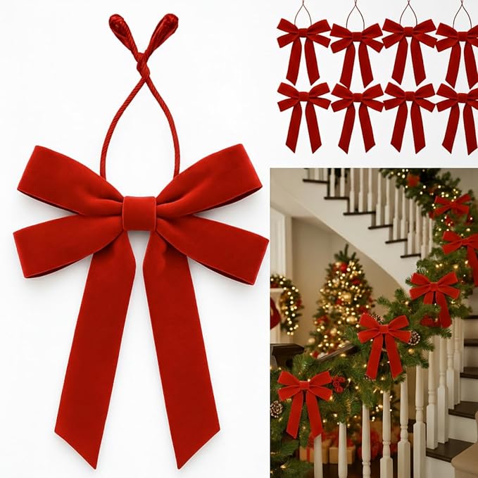Soulchen 12 Pcs 20 Inches Christmas Garland Ties with Large Velvet Bows Reusable Holiday Wreath Twist Tie Bows for Banister Christmas Tree Indoor Outdoor Party Decorations (Red)