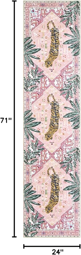 Oriental Tropical Hallway Runner Rug 2x6 Washable, Thin Stain Resistant Pink Boho Runner Rug for Entryway Kitchen Bedroom Laundry, Vintage Abstract Hippie Indian Botanical Long Floor Carpet