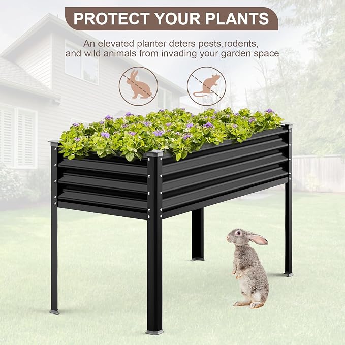 Raised Garden Bed with Legs, 48×24×32in Galvanized Raised Garden Beds Outdoor Elevated Metal Planter Box for Gardening Vegetables Flowers Herb-Black