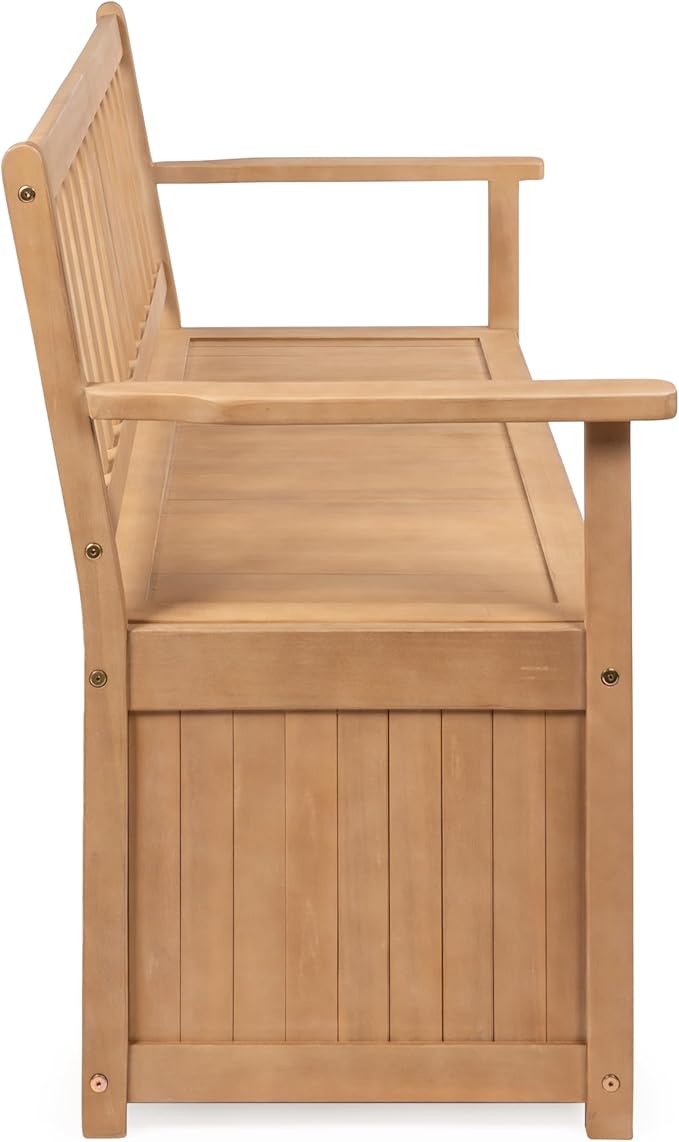 happimess STB1000A Sophie 48" Traditional Farmhouse Lift-Top Acacia Wood Storage & Entry Bench, Light Teak Matte Finish, with Seating & Armrest for Patio, Garden, Porch, Backyard, Poolside