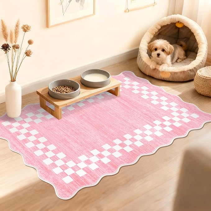 GarveeHome Small Washable Scallopd Area Rug 2x3 Modern Checkered Entry Rug | Solid Color Kitchen Bedroom Doormat Non Slip Stain Resistant Bordered Throw Carpet for Living Room Nursery Laundry, Pink