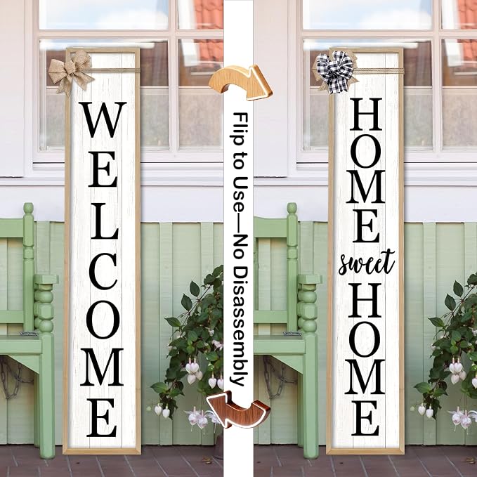 Outdoor 2in1 Welcome Sign for Front Door Home Sweet Home Sign for Farmhouse Tall Outdoor Front Porch Standing 2 Sided 45"X9" Large Vertical Leaner Rustic Outside Decor (Wood White)
