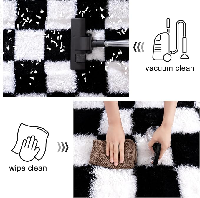 Checkered Rug 9x12 for Living Room, Ultra Fluffy Fuzzy Shag Black and White Large Area Rug for Bedroom, Modern Plush Soft Upgrade Non-Slip Carpet for Kids Girls and Boys Room Dorm Home Decor