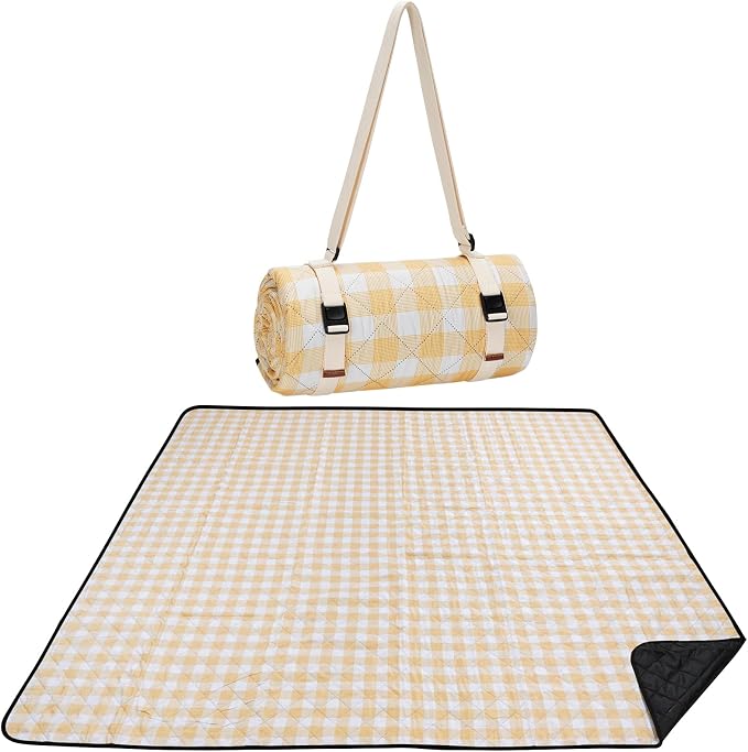 WILLOW WEAVE Picnic Blanket, 80''x80'' Waterproof Outdoor Blankets, Picnic Mat Washable for Beach, Picnic Blankets for Camping on Grass with Shoulder Strap - Yellow & White