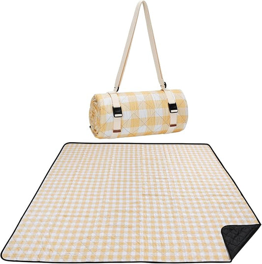WILLOW WEAVE Picnic Blanket, 80''x80'' Waterproof Outdoor Blankets, Picnic Mat Washable for Beach, Picnic Blankets for Camping on Grass with Shoulder Strap - Yellow & White