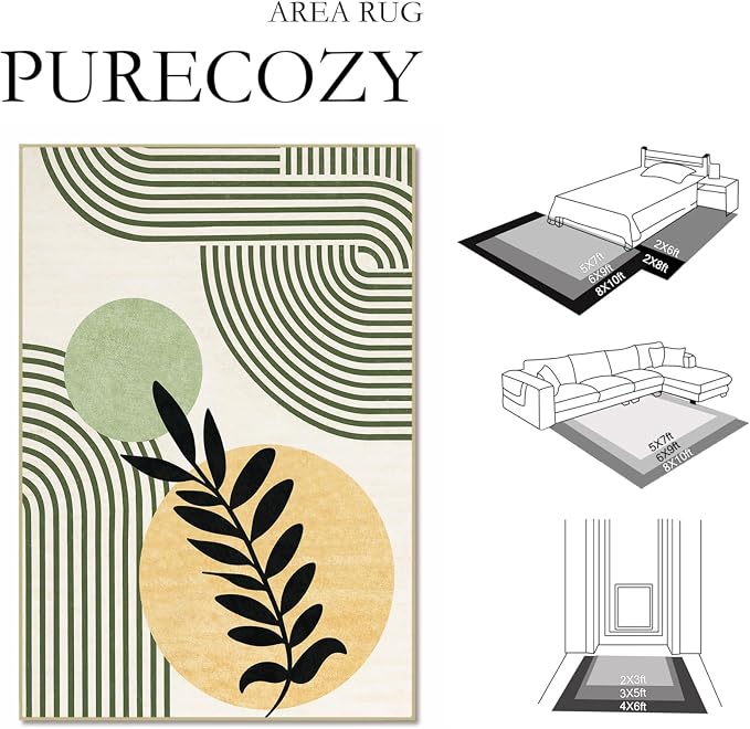 Mid Century Modern Rug 4x6 Green Boho Area Rug for Living Room | Washable Tropical Leave Rugs Geometric Abstract Low Pile Non-Slip Floor Carpet for Dining Room Bedroom Kitchen Office