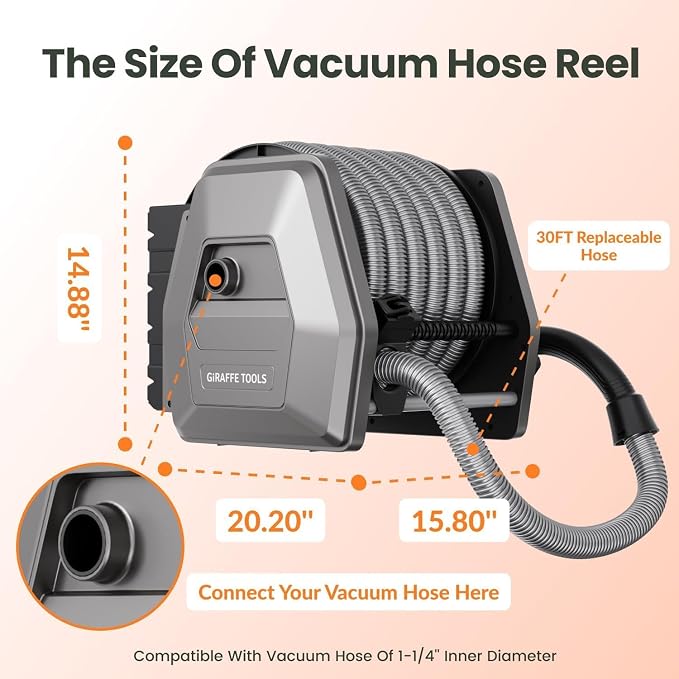 Giraffe Tools Vacuum Hose Reel with 30ft Extension Retractable Hose, 1-1/4'' Wall Mount Vacuum Replaceable Hose Suitable for 32mm Wet Dry Vacuums Cleaner