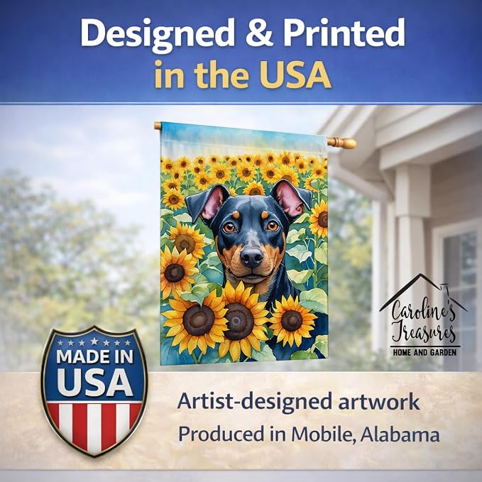 Caroline's Treasures DAC6119CHF Manchester Terrier in Sunflowers House Flag Large Porch Sleeve Pole Decorative Outside Yard Banner Artwork Wall Hanging, Polyester, House Size, Multicolor